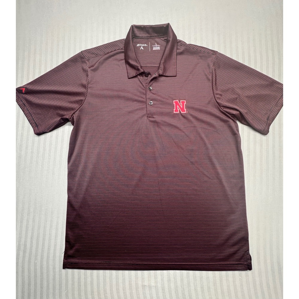 Antigua Nebraska Cornhuskers Mens Large Polo Shirt Maroon Striped Golf NCAA